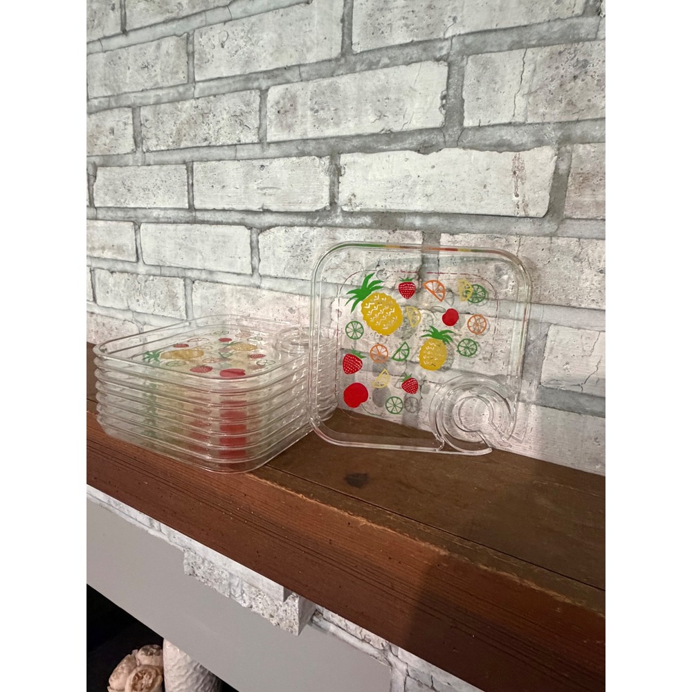 Vintage Acrylic Tropical Fruit Snack Trays with Wine Glass Holder Set of 8 - Picture 2 of 8
